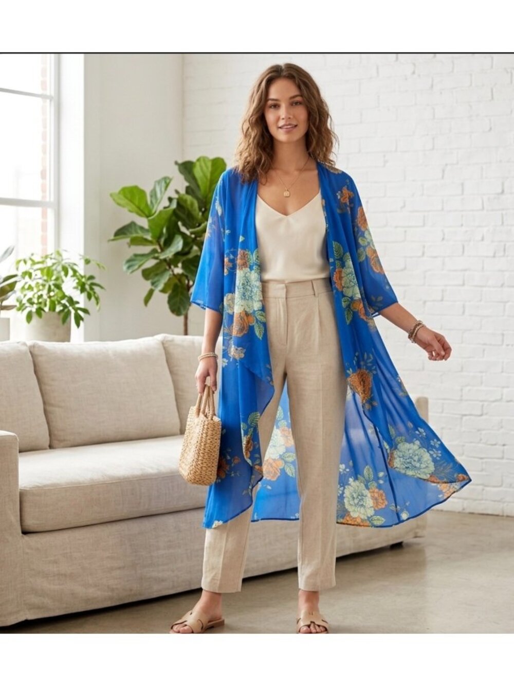LulaRoe Floral Blue Sheer Kimono Cardigan With Orange & Green Accents - large